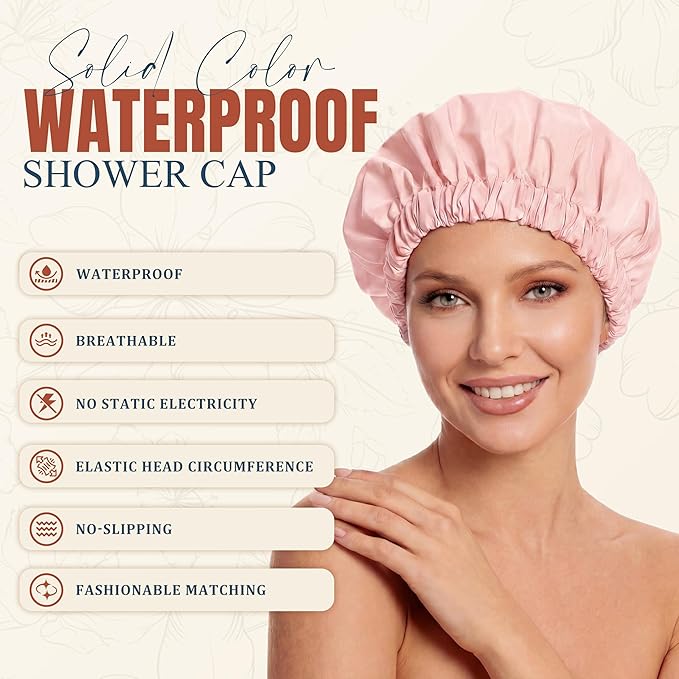 Reusable Shower Cap for Women, Large Waterproof Shower Bonnet with Elastic Band, Washable Bath Hair Cap for Long, Curly Hair, Braids, Daily Shower, Home Spa, Travel(Pink)