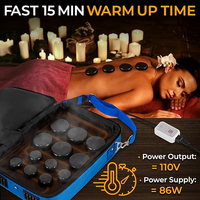 SereneLife Portable Massage Stone Warmer Set - Electric Spa Hot Stones Massager and Heater Kit with 6 Large and 6 Small Round Shaped Basalt Massaging Rocks, Digital Controller Heating Bag