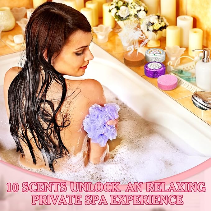50 Pcs Valentine Spa Party Gifts Shower Aromatherapy Steamers Bulk with 10 Scents Team Appreciation Inspirational Gifts Bulk Boho Rainbow Individually Wrapped Shower Bombs for Women