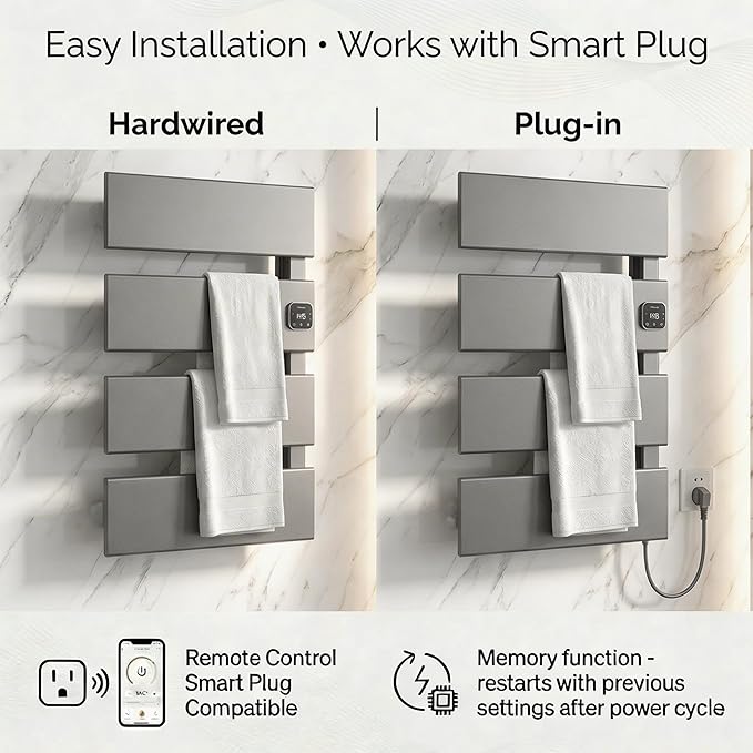 Electric Towel Warmer, Heated Towel Rack with Thermo Control and Timer, Fast Heating Towel Rail for Bathroom with Memroy Function, Work with Smart Plug, Right-Wiring, 4 Panel, Gun Gray