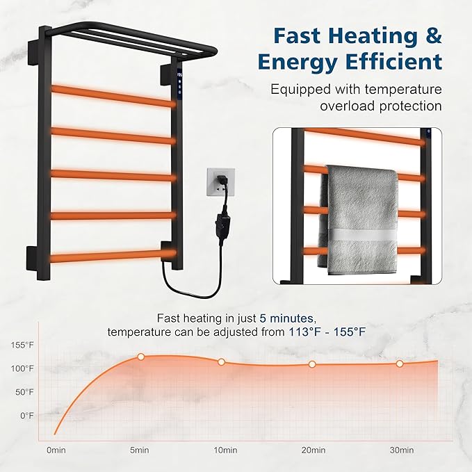 Heated Towel Racks for Bathroom, Hot Towel Warmer with 24hr Timer Stainless Steel Wall Mounted Electric Towel Warmers for Bathroom (Black, 5-Bar)