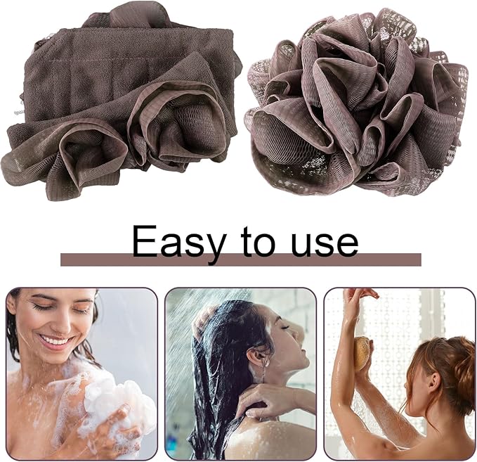 3 Pcs Washcloth Loofah Combo, 2 in 1 Bath Loofah Sponge with Drawstring, Exfoliation Mesh Shower Puff Ball for Body Wash Cleansing and Smooth Skin (Grey Coffee Beige)