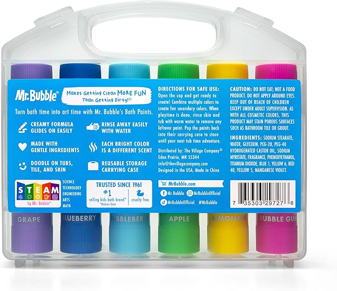 Mr. Bubble Bath Time Body Paints – 6-Color Washable Bath Paint Sticks with Gentle, Kid-Safe Formula – Fun Tub Time Art Set with Scented Colors & Carrying Case