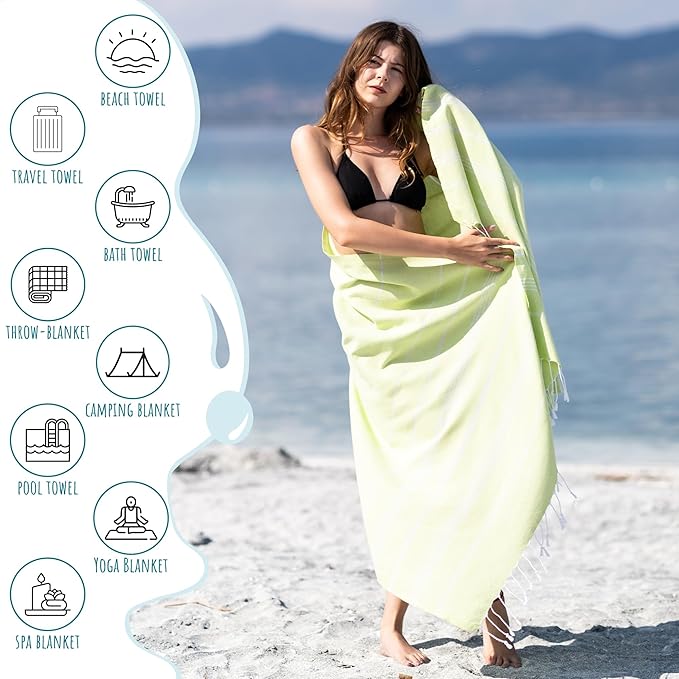 Ray Silver Turkish Beach Towel – 100% Cotton 40x71 Quick Dry Oversized Sand Free Lightweight Blanket for Travel Camping Bath Sauna Pool Gym Yoga (1pc - S-Pistachio Green)