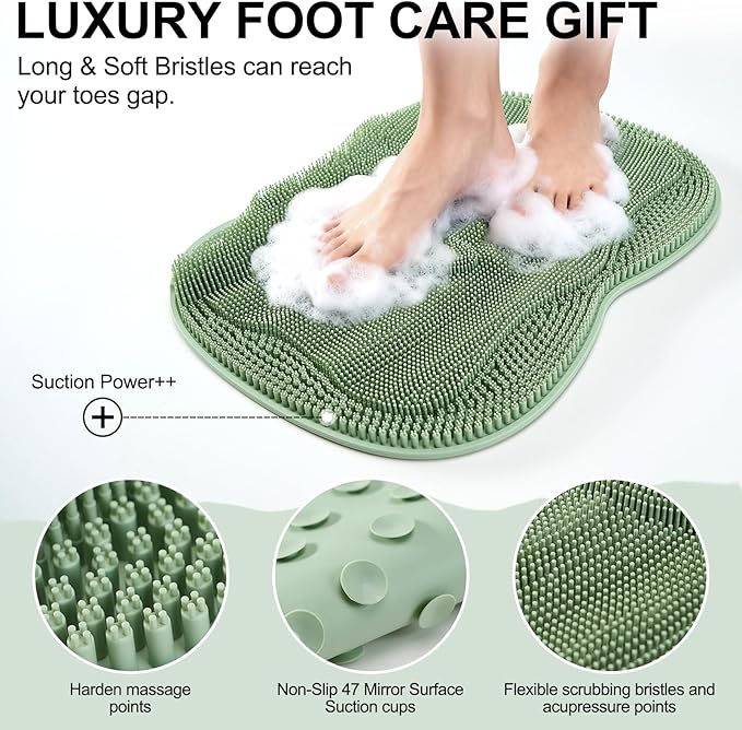 Bath Shower Foot Scrubber Mat - Silicone Shower Foot Scrubber Mat (XL) Cleaner Foot Toes Clean Pad Without Bending Non-Slip Suction Cups Bathroom mat 17.2 * 13 inch - Green