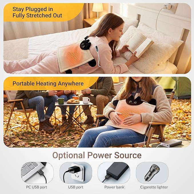 Cute Cat Shape Heating Pad for Period Cramps & Menstrual Pain Relief, 5V 2A USB Fast Heating with 4 Heat Settings & Auto-Off, Portable Electric Corduroy & Plush Warmer for Women & Teen Girls