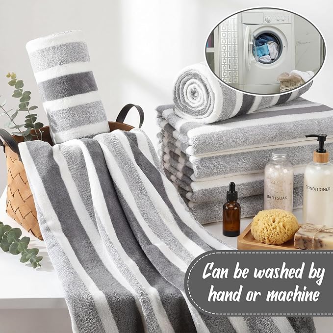 SmoothNovelty 16 Pack Microfiber Bath Towels Bulk 27'' x 60'' Oversized Size Bath Towel Highly Absorbent Extra Large Soft Drying for Beach Shower Summer Salon Sport Gym Party (Stripes,Grey)