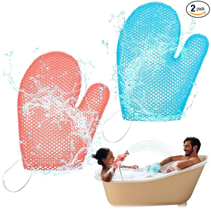 Karenhi 2 Pcs Honeycomb Exfoliating Glove Bath Mitt Body Spa Scrubber, Honeycomb Exfoliator Glove for Body Shower, Scrubber Sponge Shower Loofah, Quick Drying(Blue,Pink)