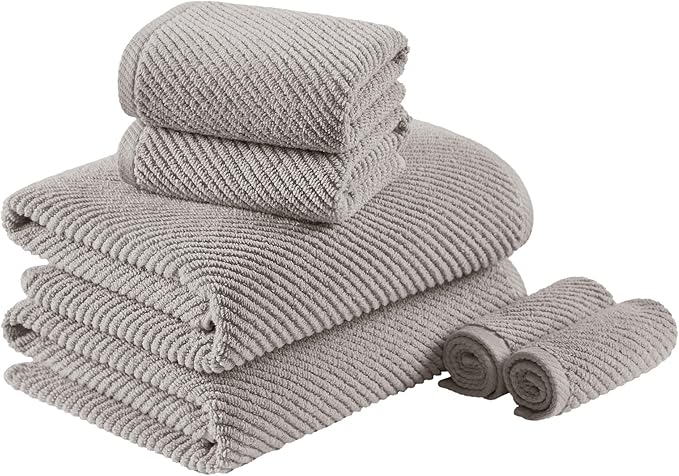 Madison Park Bathroom Towel Set of 6 Diagonal Ribbed, Grey 100% Cotton Quick Dry & Absorbent| 2 Bath 30" x 56"| 2 Hand 18" x 28"| 2 Washcloths 13" x 13"| Zero Twist, 500 GSM, Oeko-TEX