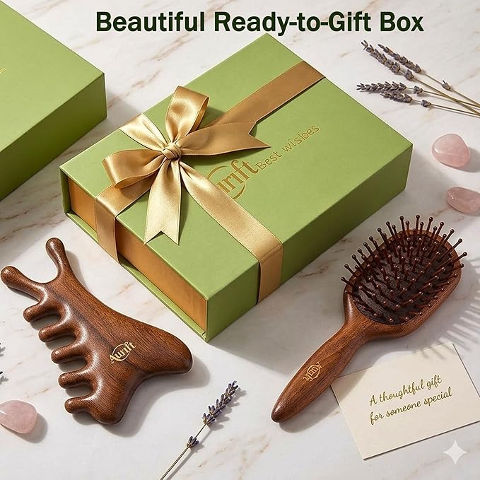 Mother’s Day Gift for Mom, 4-in-1 Wooden Gua Sha Facial Tools & Hair Detangler Brush Set – Manual Guasha tool for Face & Jawline Lifting, Scalp & Head Massager, ,Self Care Relaxation Gifts for Women