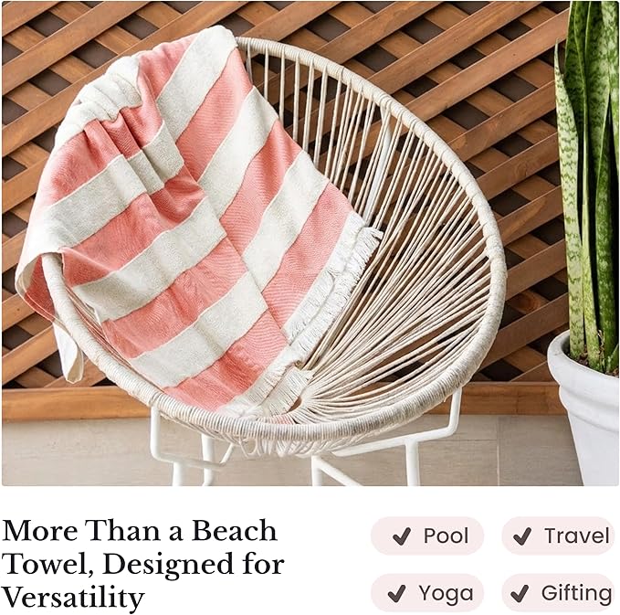 Lightweight Turkish Beach Towel - 100% BCI Cotton, Unbleached Raw Fringe, Oeko-TEX Certified, Absorbent, Eco-Friendly, 36x66”, Coral Pink & Natural Stripes, Portable Sarong Blanket for Pool, Travel
