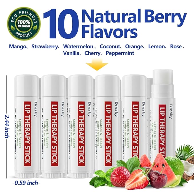 Dmsky Lip Therapy Lip Balm Stick,10 Natural Berry Flavor Healing Hydrating Chapstick Bulk for Chapped Lips Severe,Dry Lips,0.15 OZ,Pack of 20