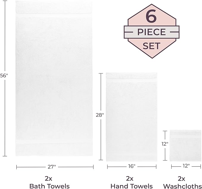 Lavish Home 6 Piece Towel Set - 550 GSM 100% Cotton Bathroom Accessories - 2 Bath Sheets, 2 Hand Towels, and 2 Wash Cloths - Soft and Absorbent Bathroom Set for Shower, Gym, Dorm, and Spa (White)