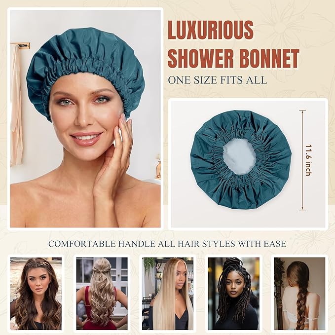 Reusable Shower Cap for Women, Large Waterproof Shower Bonnet with Elastic Band, Washable Bath Hair Cap for Long, Curly Hair, Braids, Daily Shower, Home Spa, Travel(Bamboo Moon Blue)