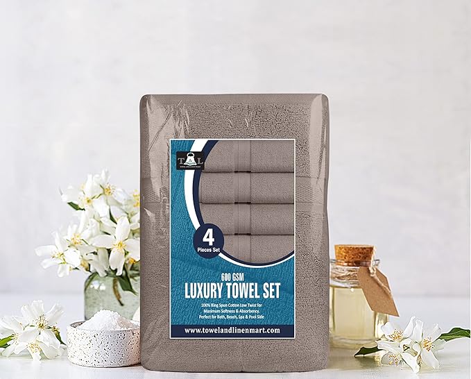 Towel and Linen Mart 4 Pieces Bath Towel Sets - Silver - 2 ply Low Twist Soft Feel Luxurious,Quick Dry, Extra Absorbent, 100% Ring Spun Cotton 600 GSM (27 x 54, Pack of 4)