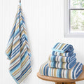 Striped Towels Set, 6PC Bathroom Towels - 100% Cotton | Quick Dry | Soft | Absorbent, 2 Bath 28"x52", 2 Hand 16"x27", 2 Face 13"x13", Luxury Bath Towels with Hanging loops, Blue+Gray+Beige Stripe