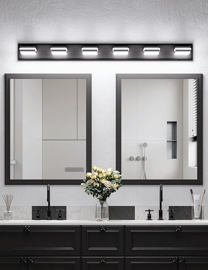 VOLISUN Modern Bathroom Vanity Light Fixtures (6-Light, 48-Inch), Matte Black LED Bathroom Lighting Fixtures Over Mirror, 360°Rotatable Head, LED Vanity Lights for Bathroom (Cool White 6000K)