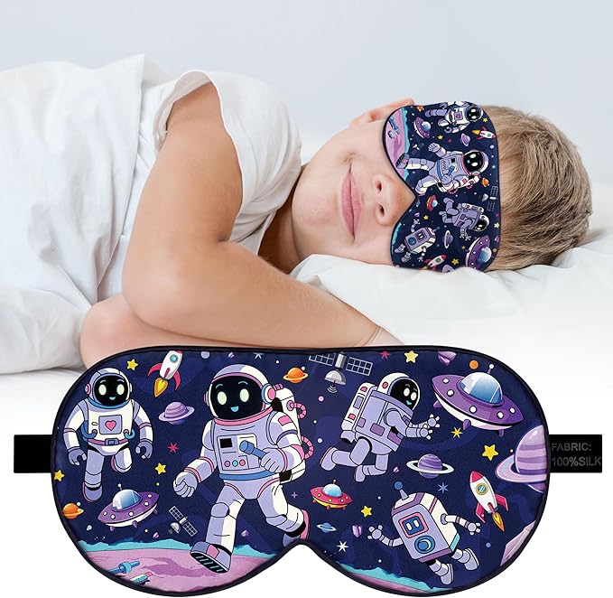 Silk Kids Sleep Mask: 100% Mulberry Silk Eye Mask, Sleeping Masks with Adjustable Strap, Soft & Light-Blocking Printed Kid Eye Cover for Boys Girls Teens Aged 5-15 (Alien Theme)