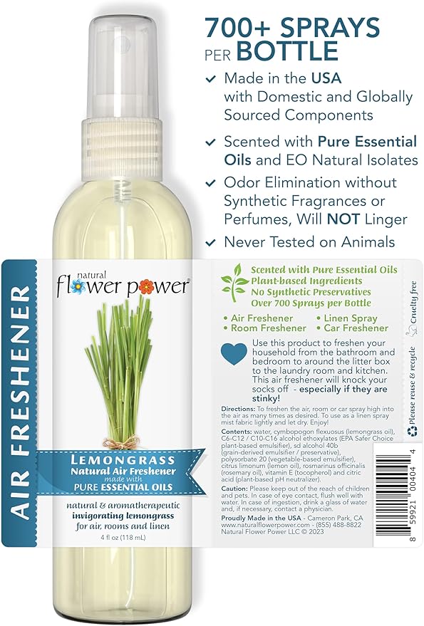 Natural Flower Power Air Freshener Spray - Odor Eliminator with Essential Oils for the Home, Car & Fabric - Cruelty Free & Vegan - Lemongrass - 2 x 4 oz