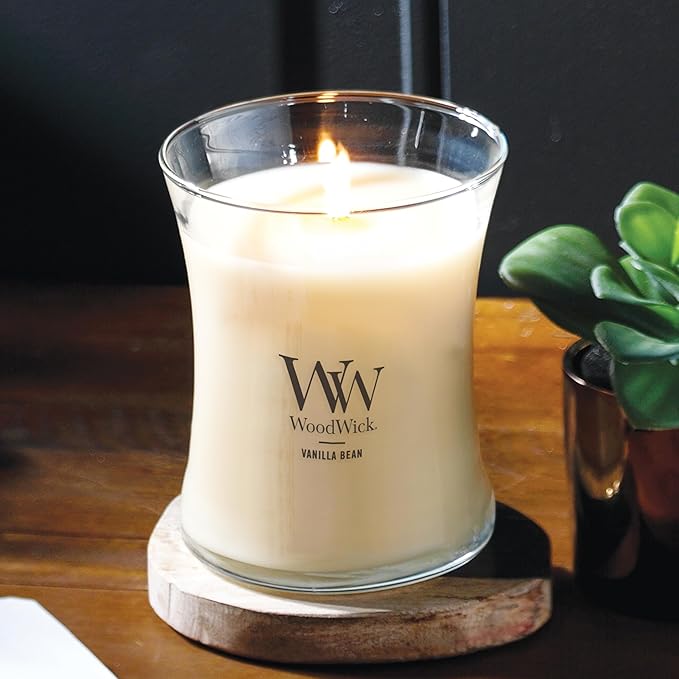 WoodWick Vanilla Bean Holiday Candle Gifts for Women and Men, 9.7 oz Medium Hourglass Candle with Crackling Wick (Pack of 4)