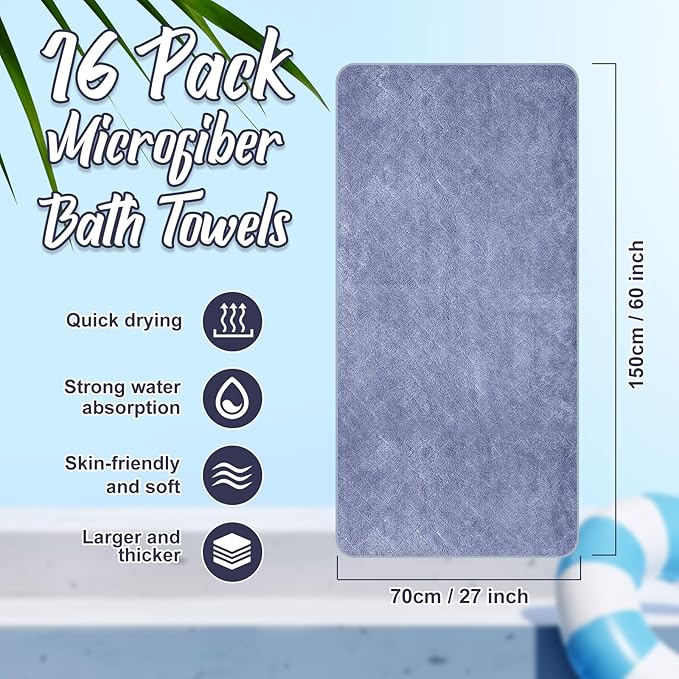 SmoothNovelty 16 Pack Microfiber Bath Towels Bulk 27'' x 60'' Oversized Size Bath Towel Highly Absorbent Extra Large Soft Drying for Beach Shower Summer Salon Sport Gym Party (Diamond,Light Grey)