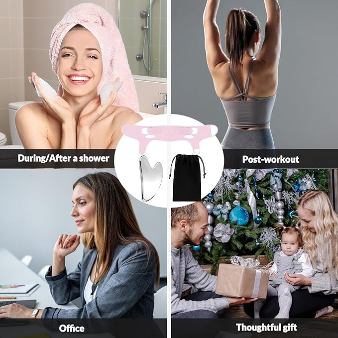Stainless Steel Gua Sha Facial Tool & V Line Lifting Mask Set 2Pcs: Guasha Tool for Face Massage & Chin Strap for Sleeping, Skin Self Care Gifts for Women, Jawline Shaper, V Shaped Face Mask-Lilac