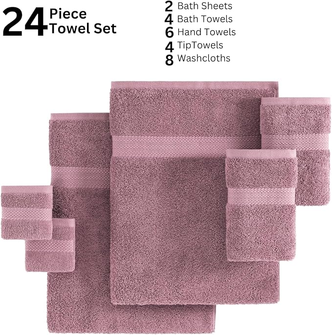 LANE LINEN Bathroom Towels Set - 24 PCs - 100% Ring Spun Cotton - Quick Dry, Soft & Absorbent - 4 Bath, 4 Fingertip, 6 Hand Towel, 8 Washcloths, 2 Bath Sheets - Towels for Regular Use - Wistful Mauve