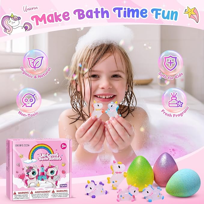 Unicorn Bath Bombs with Surprise Toys Inside, Birthday Mothers Day Gifts for Girls, 9 Packs Bubble Bath Bomb for Kids Girls Daughter Granddaughter (36+ Months)