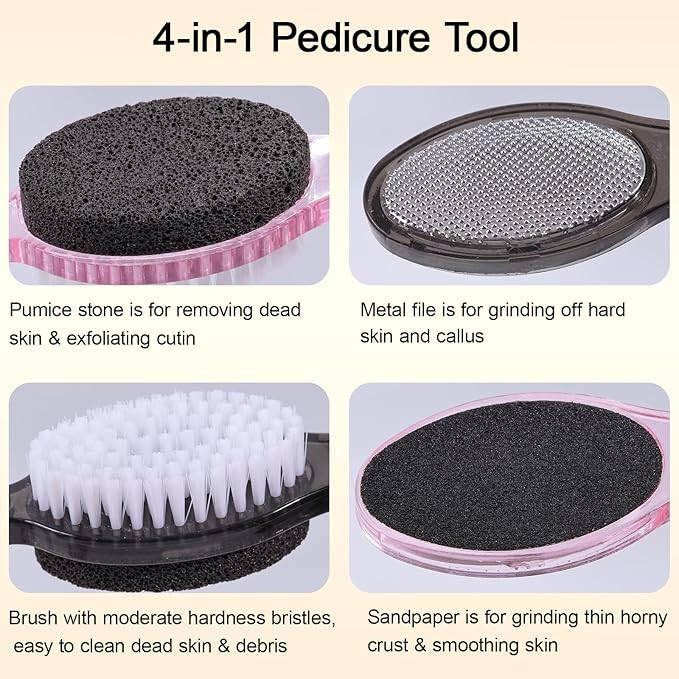 Foot Brush and Pumice Stone for Feet, 4-in-1 Foot File Callus Remover, Feet Scrubber Brush, Rasp and Sand Paper Pedicure Tools, Multi Purpose for Home Foot Care, 2 Pcs, Clear Black and Pink