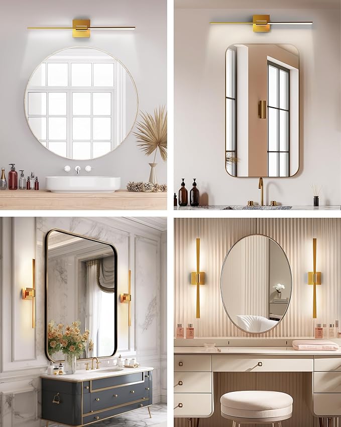 JACKYLED Modern Bathroom Light Fixtures Over Mirror 3 Color Temperatures 2-Head Bathroom Light Bars 360°Swivel 24W LED 1200LM 24-Inch Vanity Lights Hard-Wired, 2700K/4000K/6500K, Brushed Gold