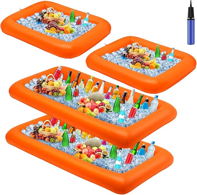 Leitee 4 Pcs Inflatable Ice Serving Bars Buffet Serving Tray Drink Cooler for Pool Party Inflatable Ice Tray Floating Food Drink Containers with Drain Plug and a Hand Pump, 2 Sizes (Orange)