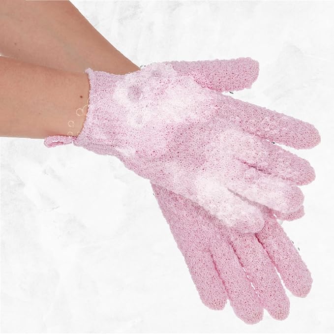 4 Pairs Exfoliating Gloves, 100% Nylon, Dual Texture Body Scrub for Spa, Massage & Dead Skin Removal, Multi-Color Shower Bath Accessories (Blush/Rose Gold)