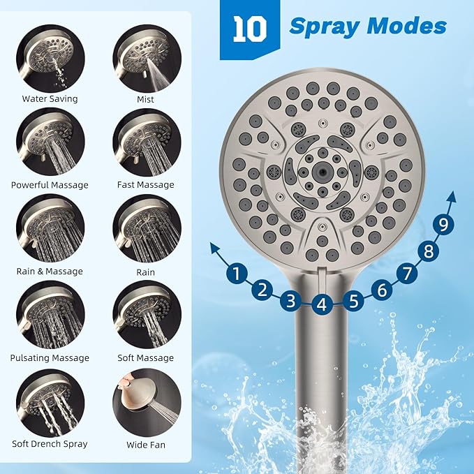 Hibbent Dual Filter All Metal 12" Rainfall Showerhead Combo, High Pressure Filter Shower Head with 10-Spray Mode Handheld, 4-way Diverter with Pause Mode, 71'' Shower Hose and Holder, Brushed Nickel