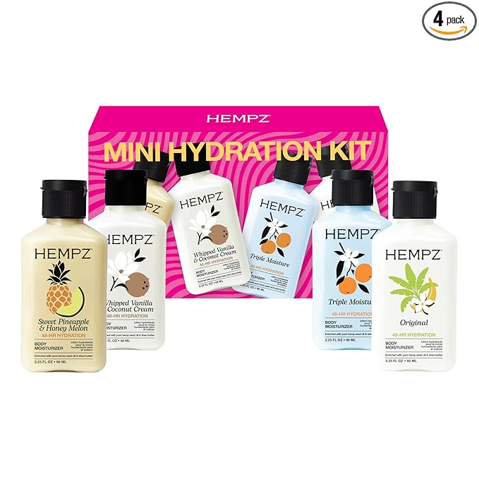 Hempz Mini Moisturizer Kit, Everyday Hydrating Lotion, 4-pack Travel Hand Cream Set, 2.25 oz