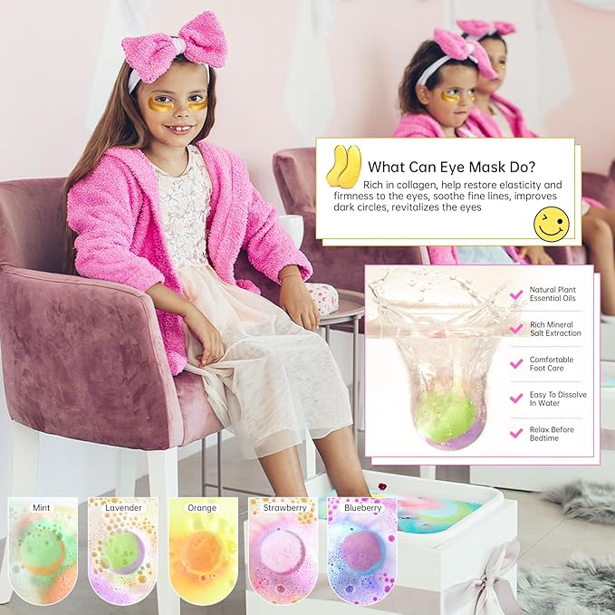 56PCS Spa Party Supplies For Girls, Spa Birthday Party Favors For 8 People, Spa Day Kit With Bath Bombs, Eye Mask, Lip Balm, Face Mask, Hand Cream, Compressed Towel, Gift Bag, Sleepover Spa Gift Set