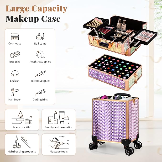 3 in 1 Rolling Makeup Train Case Professional Large Cosmetic Trolley Cosmetology Case on Wheels Traveling Cart Trunk for Hairstylist Artist Nail Beauty Salon Barber, Colorful