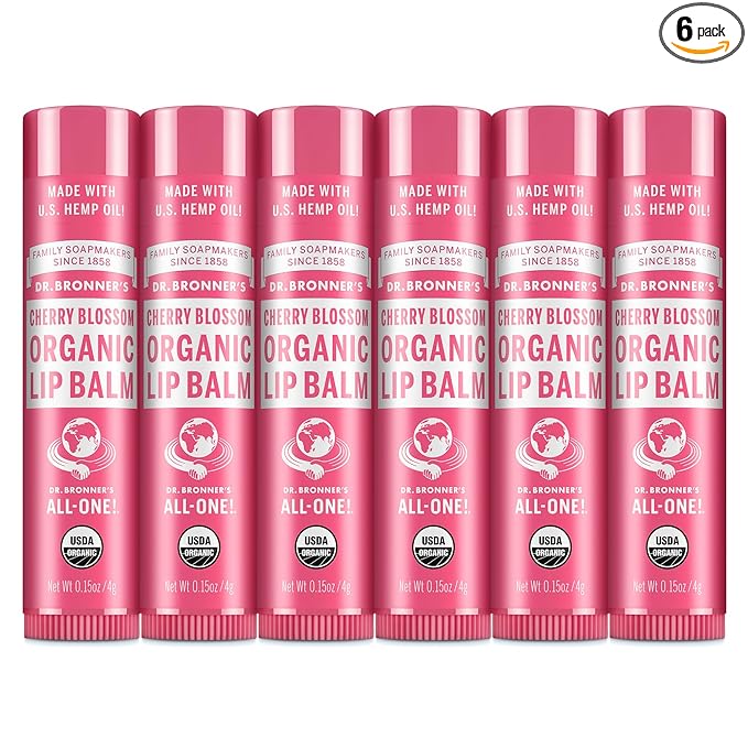 Dr. Bronner’s Organic Lip Balm (.15oz, 6-Pack) Natural, Moisturizing, Petroleum-Free Lip Balm with Beeswax & Avocado Oil for Dry Lips, Men & Women - Cherry Blossom