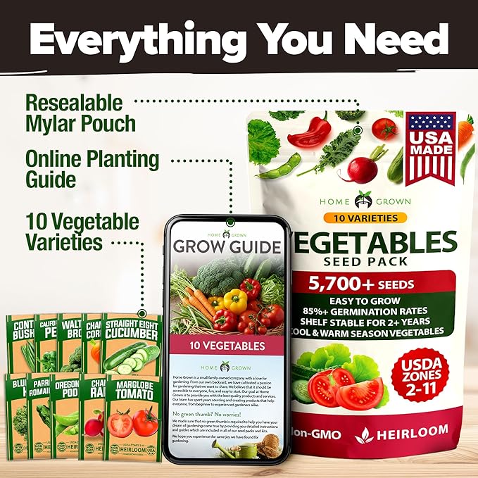 HOME GROWN 10 Variety Survival Seed Vault 2000+ USA Grown Heirloom Non-GMO Vegetable Seeds for Planting, High Germination, Garden Starter Kit, Emergency Food Supply, Indoor Outdoor