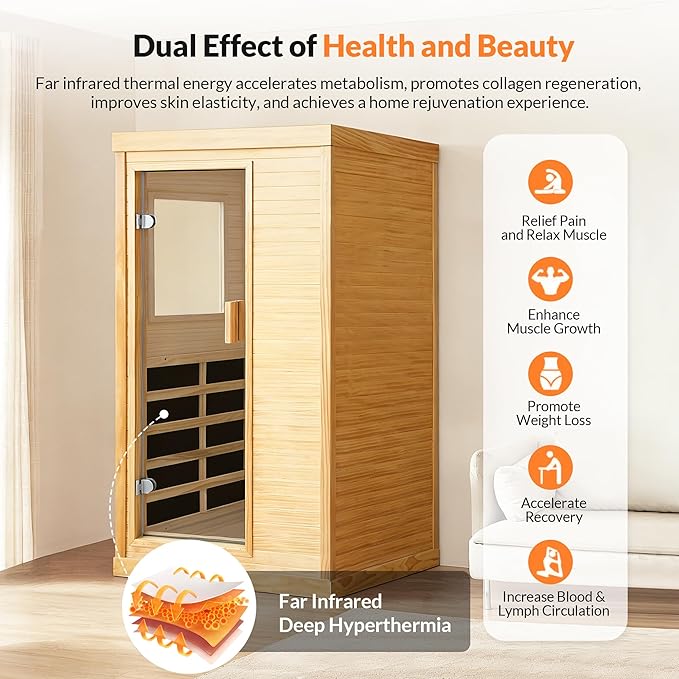 OUTEXER Infrared Sauna Home Sauna Spa Room Chilean Pine Wood 1200W Indoor Saunas Low EMF 110V with 7 Color Light
