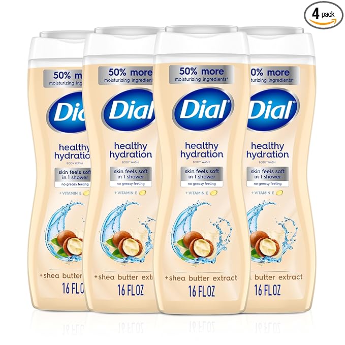 Dial Body Wash, Healthy Hydration, Shea Butter Extract + Vitamin E, 16 fl oz (Pack of 4), Gentle, Leaves Skin Feeling Soft In 1 Shower, Dermatologist-Tested, No Parabens & Silicones
