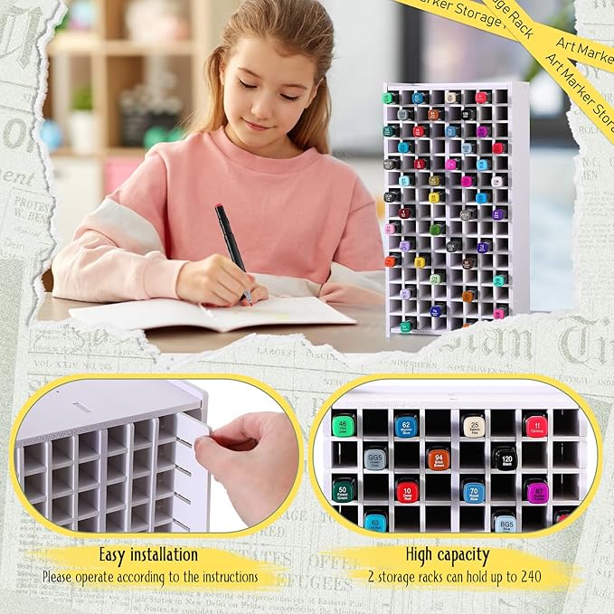 Sunnychicc 2 Pack Marker Storage Organizer, 240 Slots Total Art Supply Holder for Desk, Marker Rack with Removable Dividers for Colored Pencils & Paint Brushes (13 x 6.6 x 5.3 Inch)