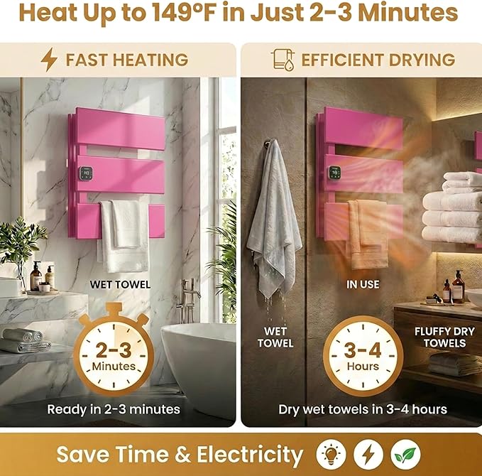 Electric Towel Warmer, Heated Towel Rack with Thermo Control and Timer, Fast Heating Towel Rail for Bathroom with Memroy Function, Work with Smart Plug, Left-Wiring, 3 Panel, Pink