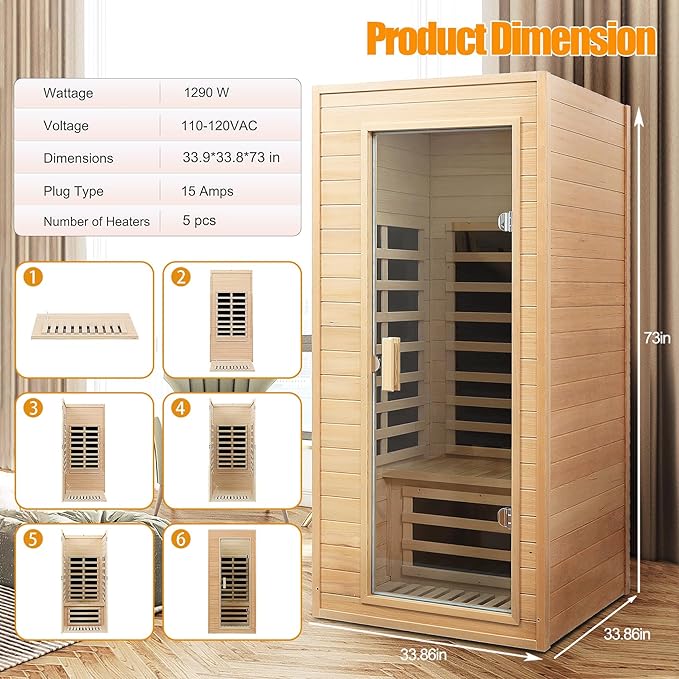 Far Infrared Sauna, 1 Person Infrared Sauna, Canadian Hemlock Wood 1290W Low-EMF Infrared Saunas for Home with Bluetooth Speakers, Reading Lamp