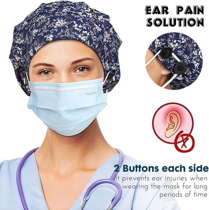 2 Pack Satin Lined Bouffant Scrub Caps with Buttons, Adjustable Scrub Caps for Women Men