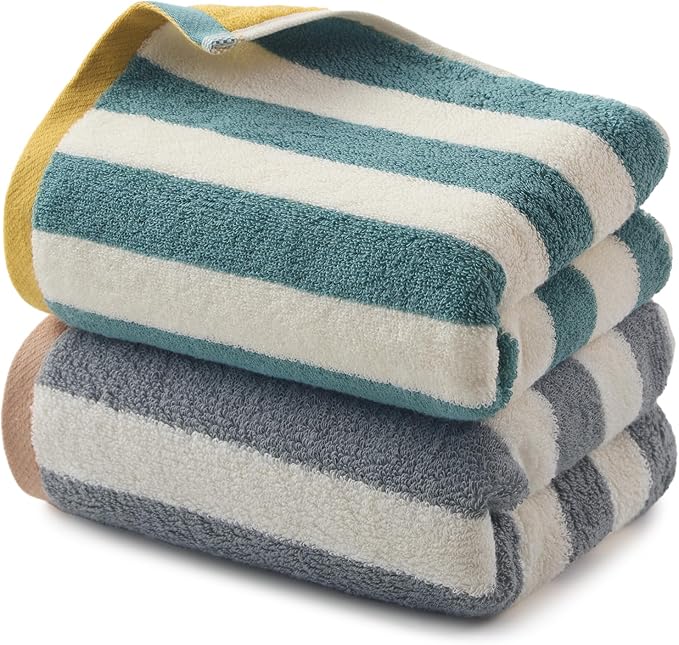 REDKISS 2-Pack Luxury Hand Towels for Bathroom - 12 x 28 Inches 100% Cotton Towels, Ultra Soft and Highly Absorbent Striped Hand Towel for Bath, Gym, Hotel, Kitchen and Spa, Gray-Green
