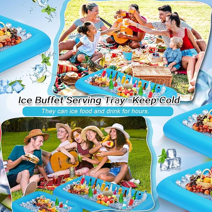 Leitee 4 Pcs Inflatable Ice Serving Bars Buffet Serving Tray Drink Cooler for Pool Party Inflatable Ice Tray Floating Food Drink Containers with Drain Plug and a Hand Pump, 2 Sizes (Blue)