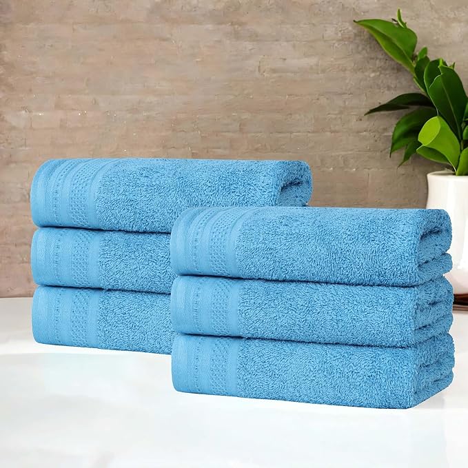 Superior Honeycomb Cotton Medium Weight Towels, for Guest Bath, Master Bathroom, Shower, Kitchen, Quick Dry, Adults, Essentials, Textured Waffle Border, Towel Set, Hand Towels, Set of 6, Azure