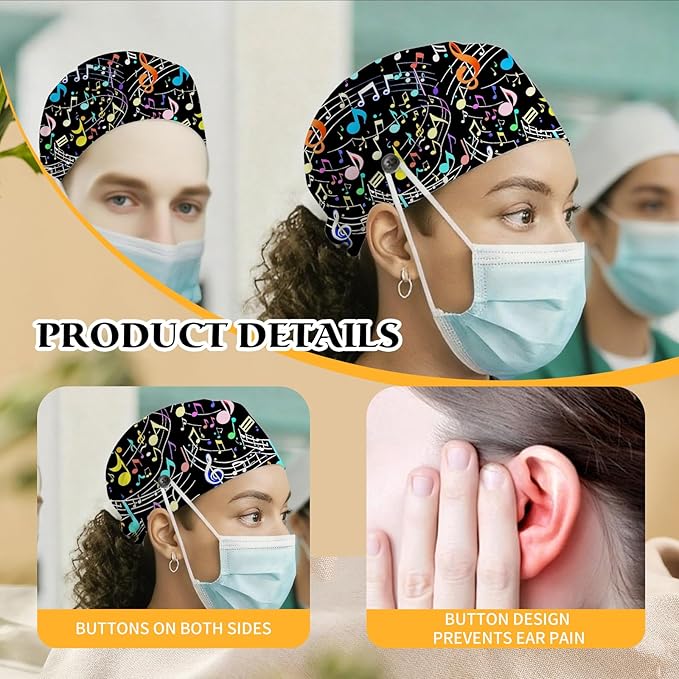 Adjustable Scrub Cap with Buttons & Sweatband, Working Hat with Elastic Tie Back, Unisex Nurse Surgical Caps for Women & Men