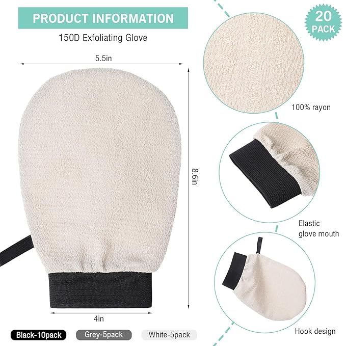 FoldTier 20 Pcs Exfoliating Glove Bulk Summer Exfoliator Mitt Body Scrubber 150d Viscose Fiber Skin Korean Scrub Mitt for Spa Massage Dead Skin Remover for Men and Women(20 Pcs,Black, White, Gray)