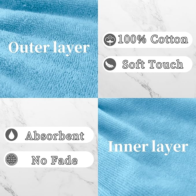 VOOVA & MOVAS Washcloths for Showering 6PC, 8.3x6.3 Inch,100% Cotton Soft Absorbent Bath Mitt with Hanging Loop, European Style Wash Cloths for Body Shower & Bath, Blue